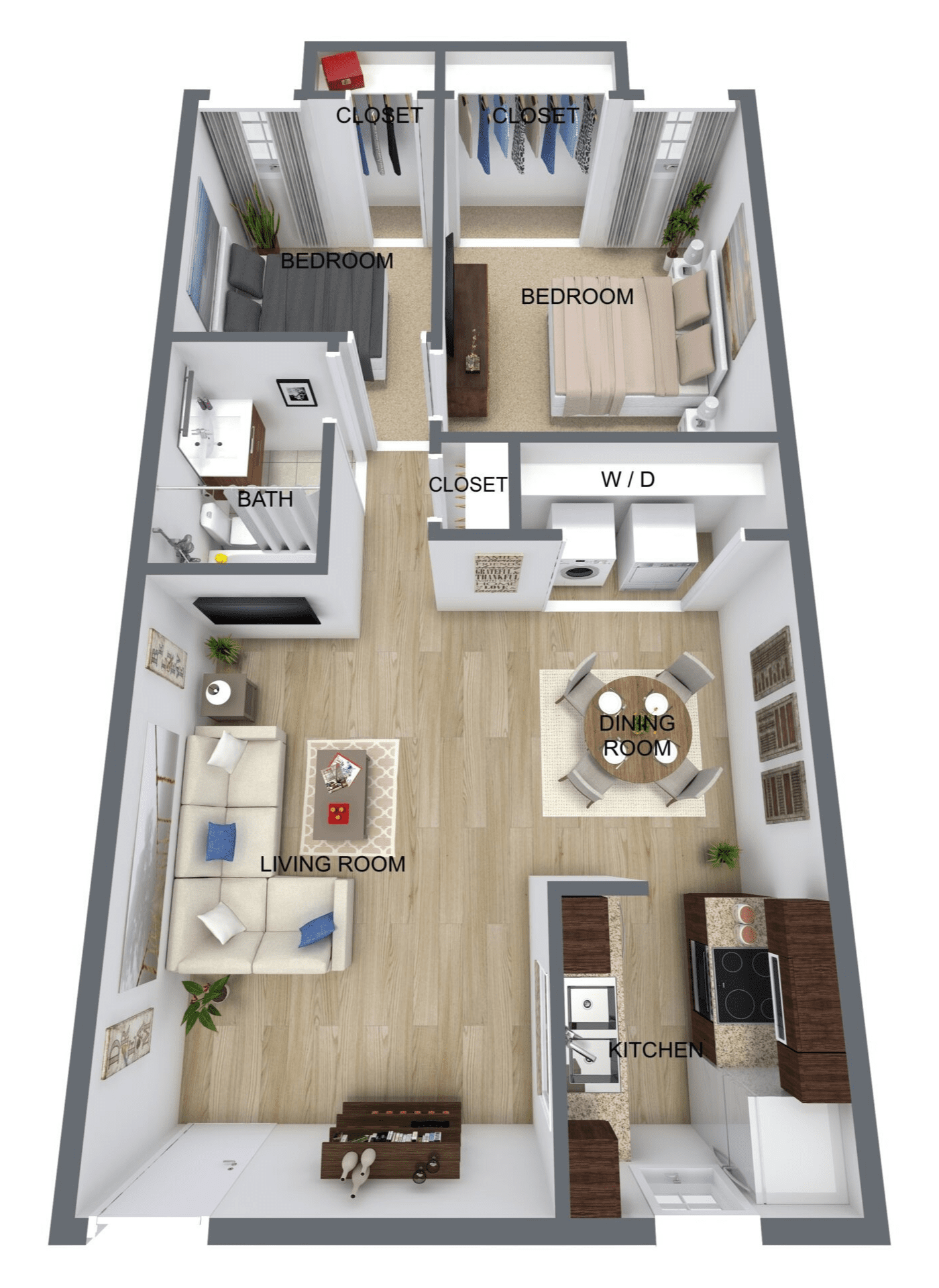 2 Bed, 1 Bath Apartment - 732 sq. ft 2 Bed, 1 Bath Floor Plan
